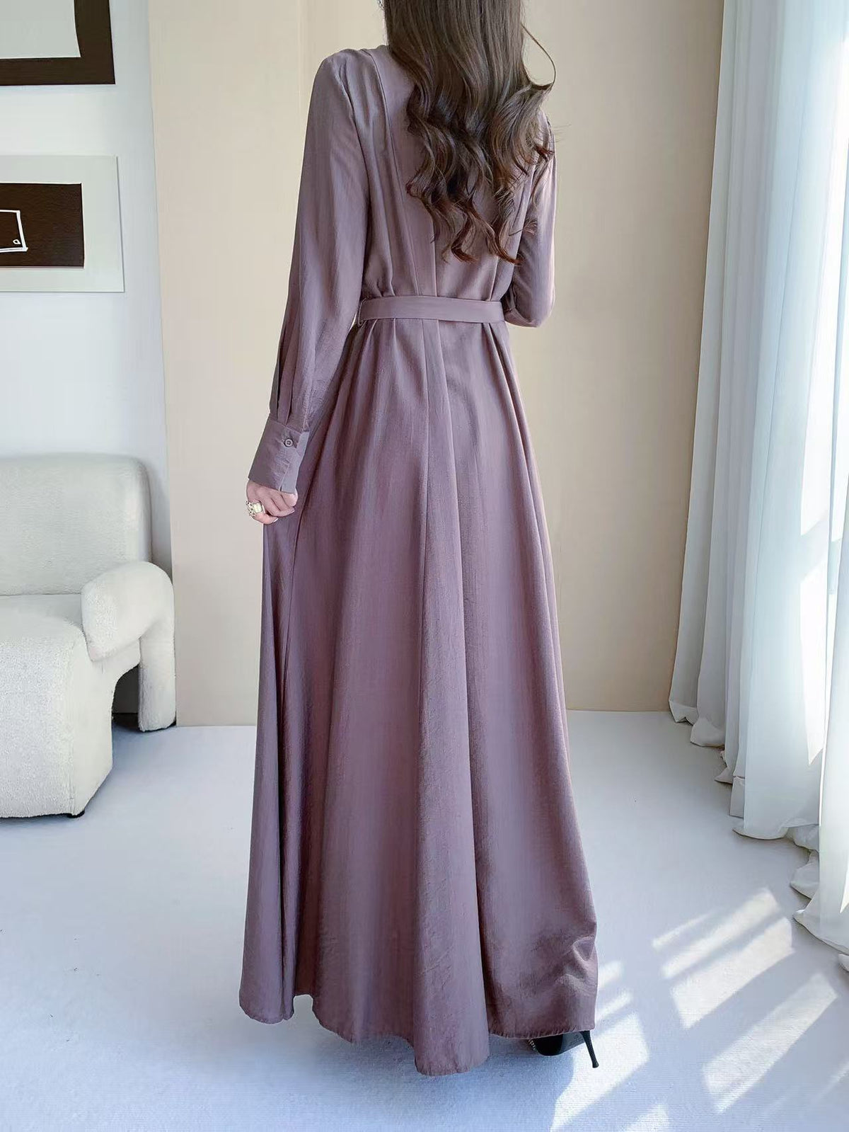 Button Front Maxi Shirt Dress (L-26801)