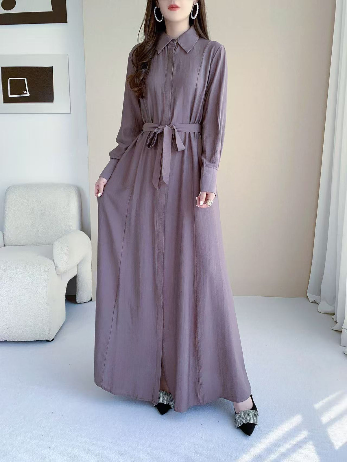 Button Front Maxi Shirt Dress (L-26801)