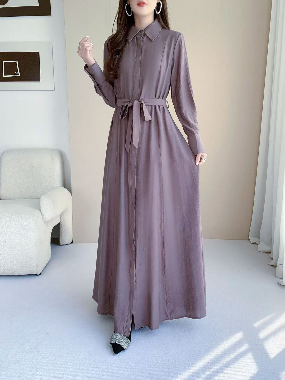 Button Front Maxi Shirt Dress (L-26801)