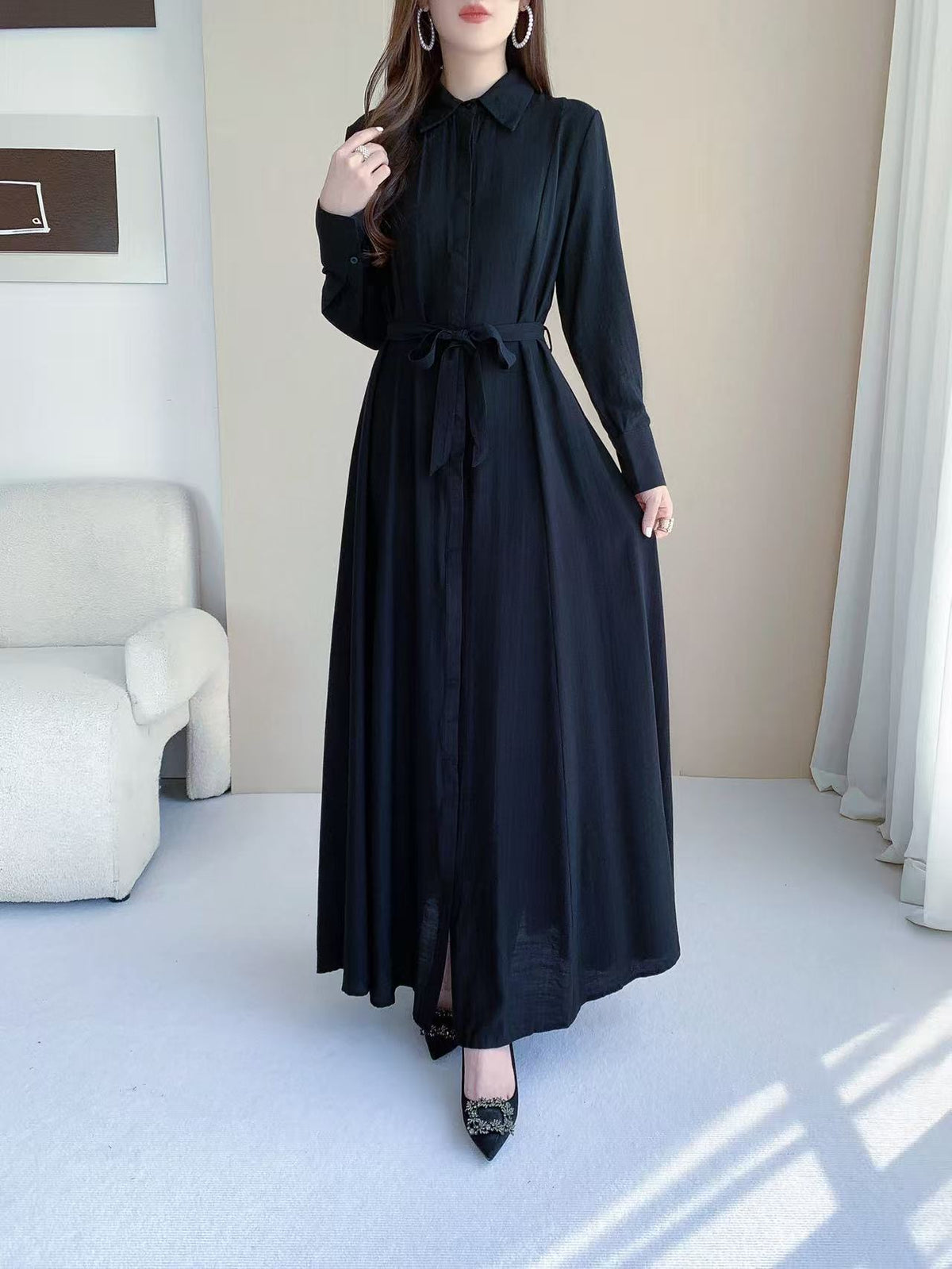 Button Front Maxi Shirt Dress (L-26801)