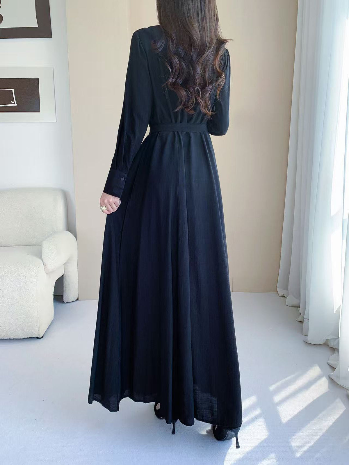 Button Front Maxi Shirt Dress (L-26801)