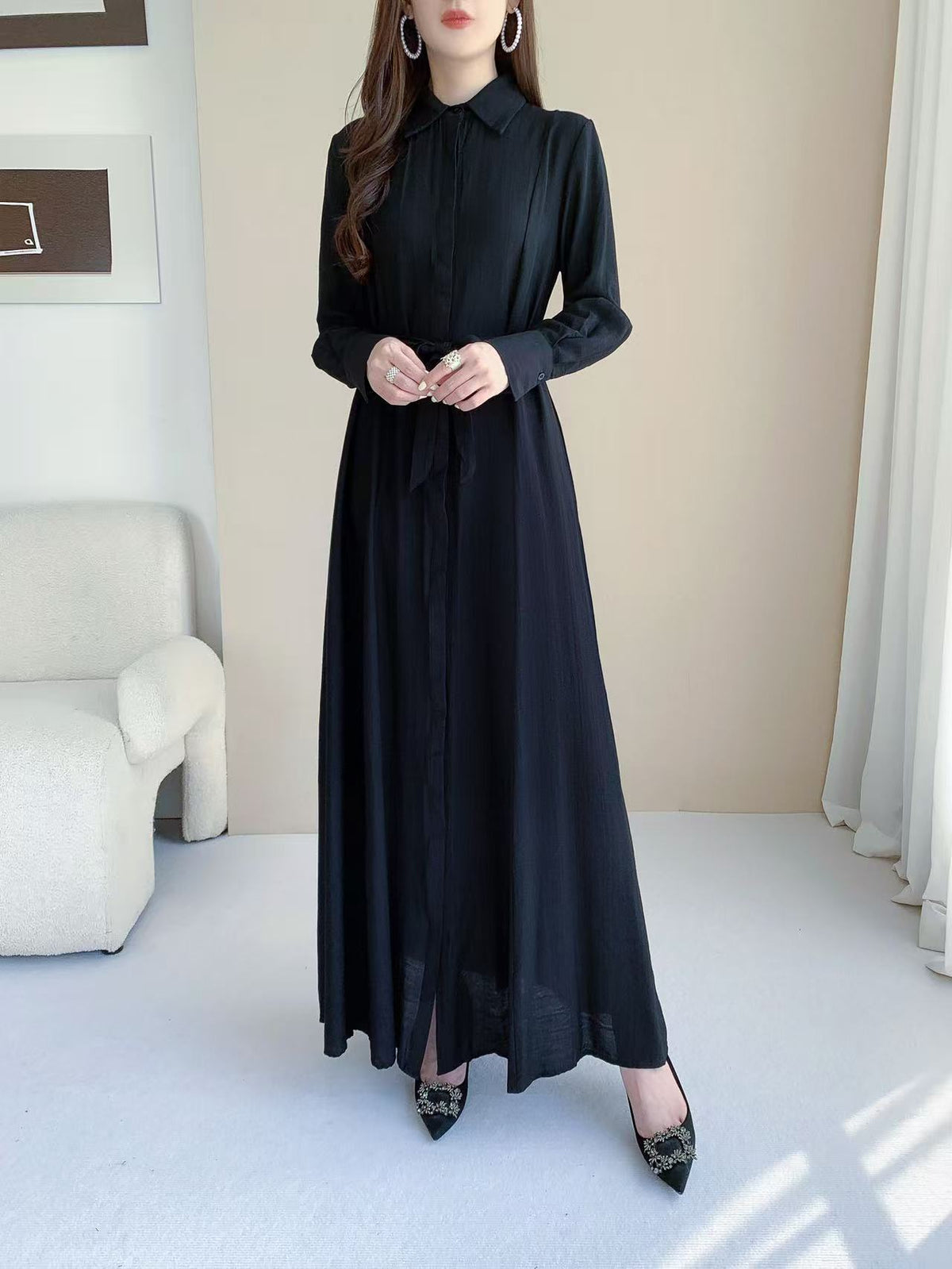 Button Front Maxi Shirt Dress (L-26801)