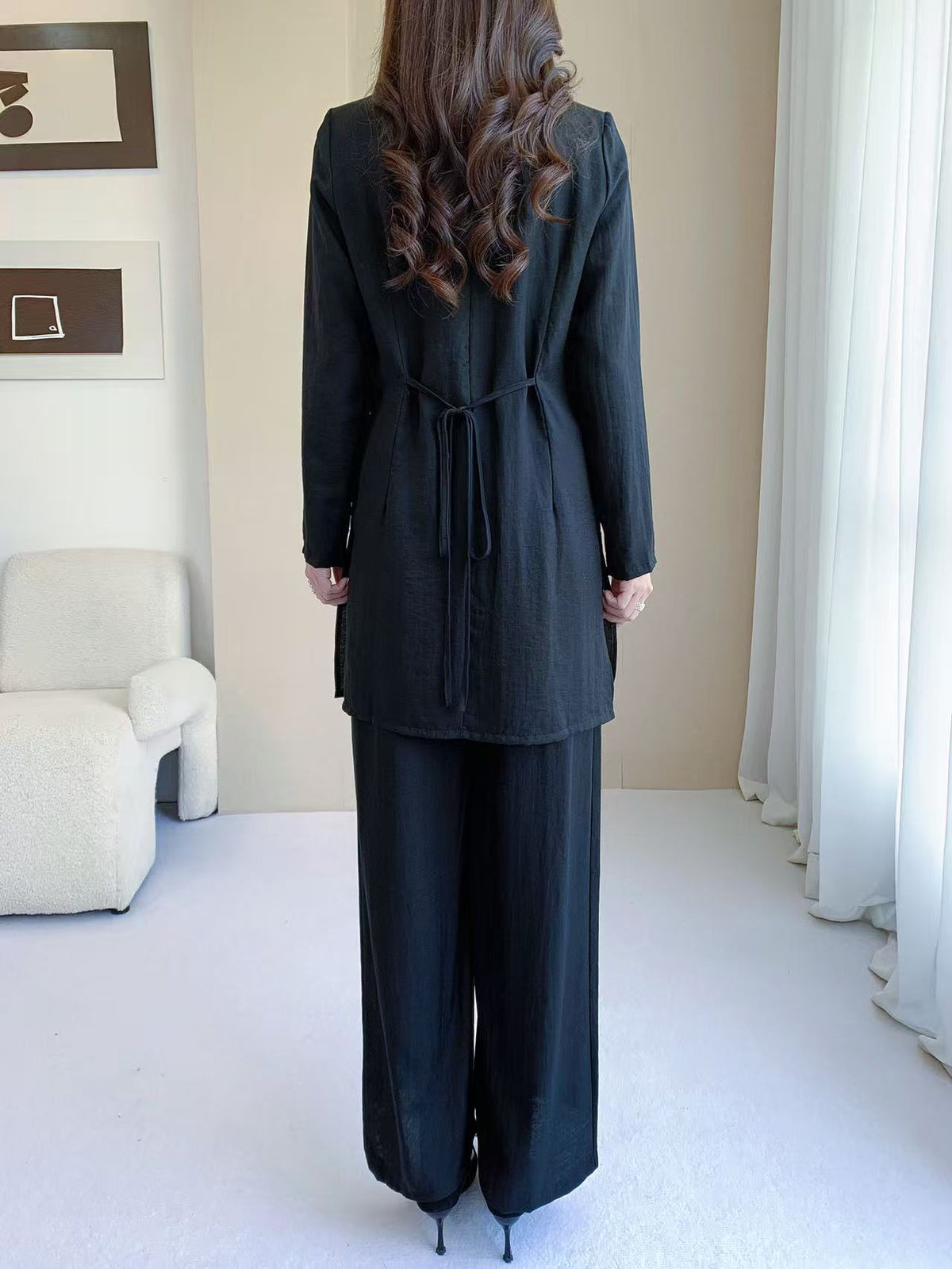 Button Front Long Sleeve Top & Wide Leg Pants Set (L-26805)