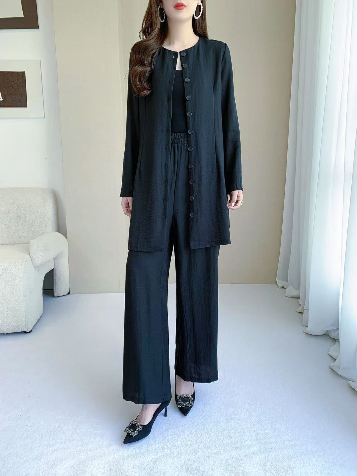 Button Front Long Sleeve Top & Wide Leg Pants Set (L-26805)