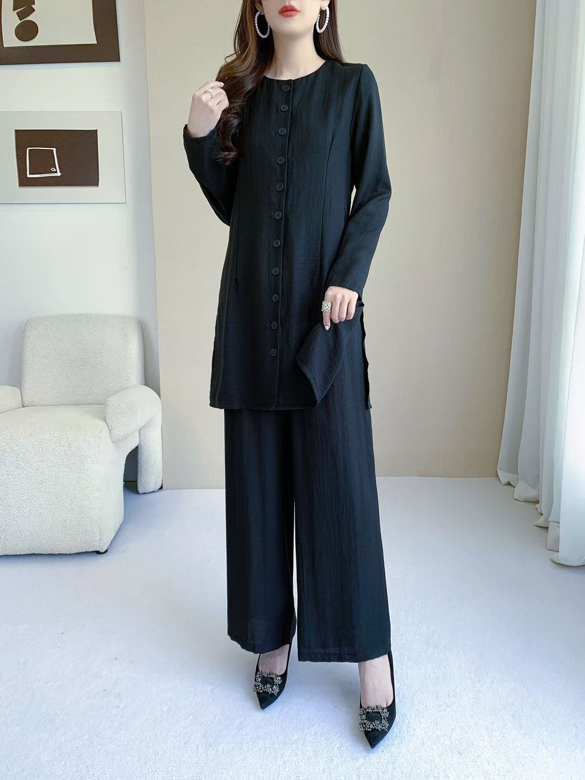 Button Front Long Sleeve Top & Wide Leg Pants Set (L-26805)