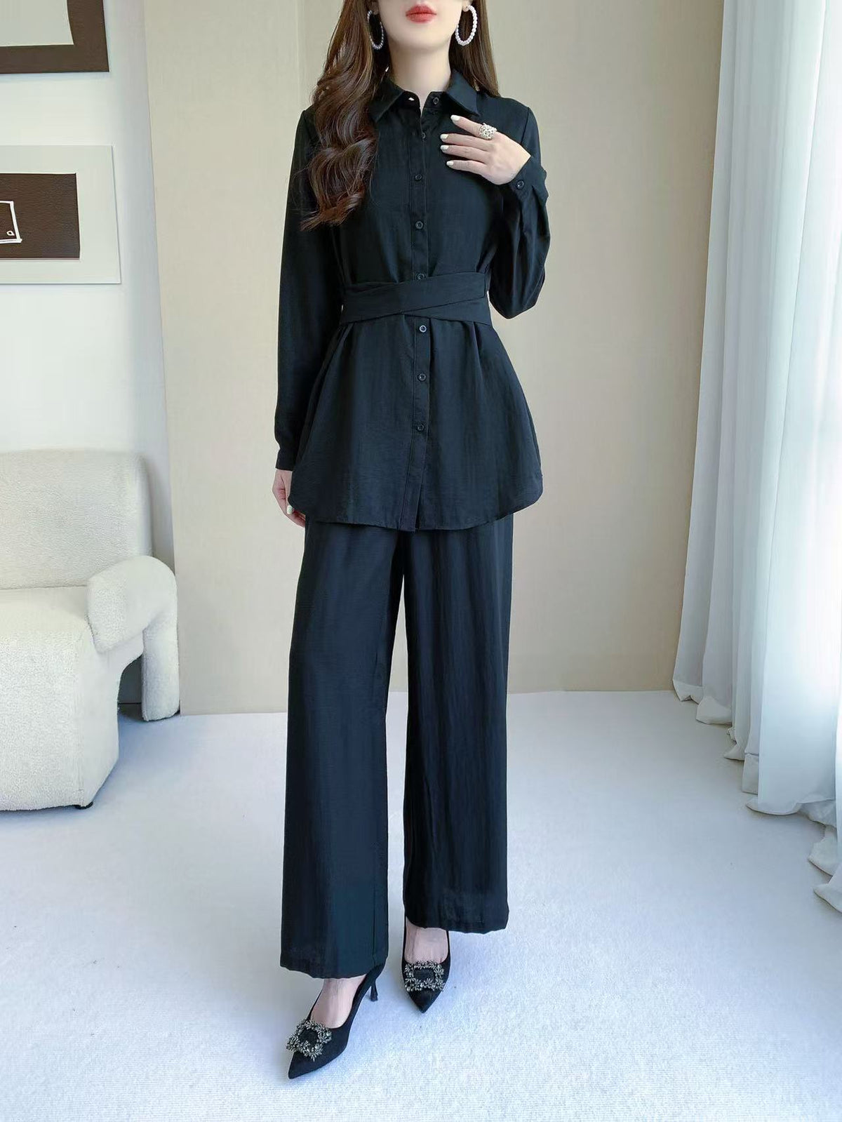 Collared Long Sleeve Two Piece Set (L-26808)