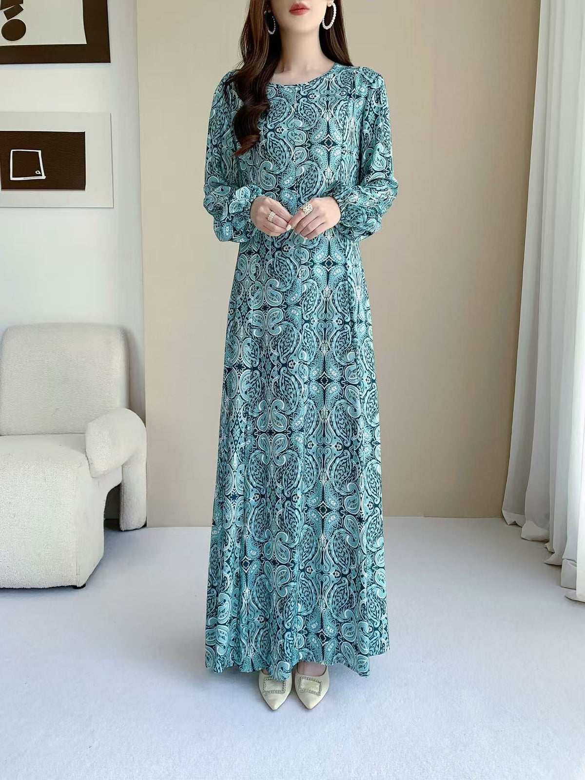 Retro Paisley Print Maxi Dress (L-26119)