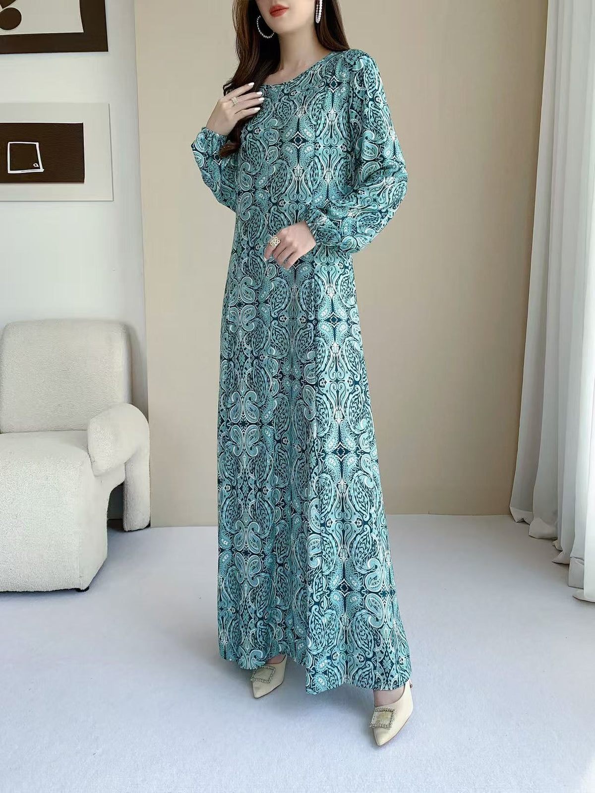Retro Paisley Print Maxi Dress (L-26119)