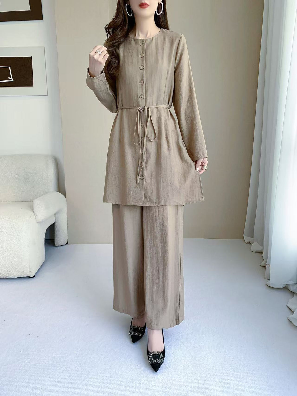 Button Front Long Sleeve Top & Wide Leg Pants Set (L-26805)