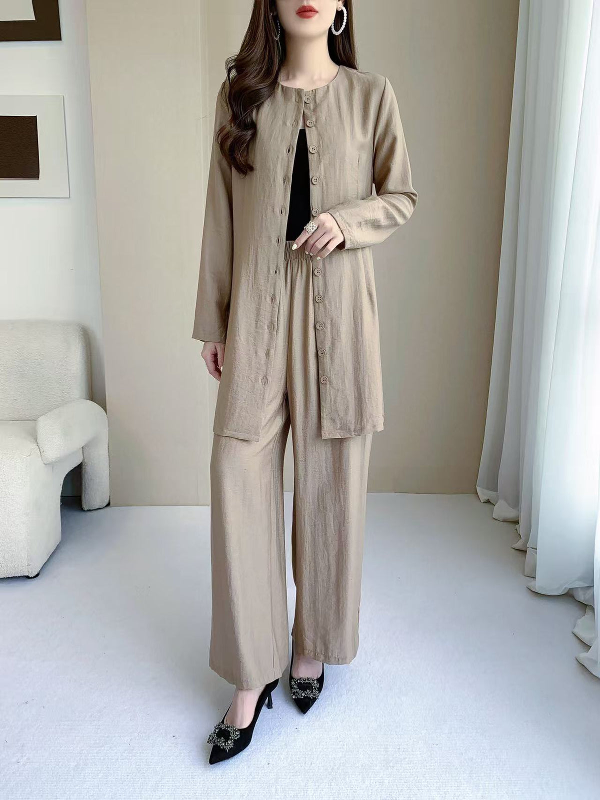 Button Front Long Sleeve Top & Wide Leg Pants Set (L-26805)