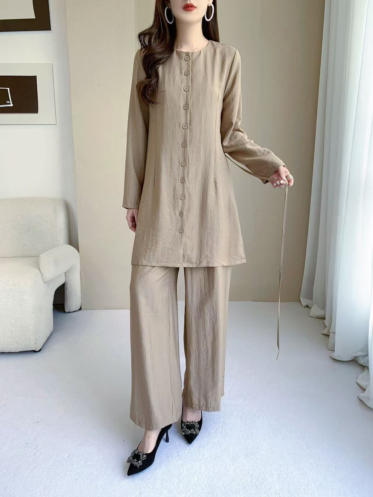 Button Front Long Sleeve Top & Wide Leg Pants Set (L-26805)