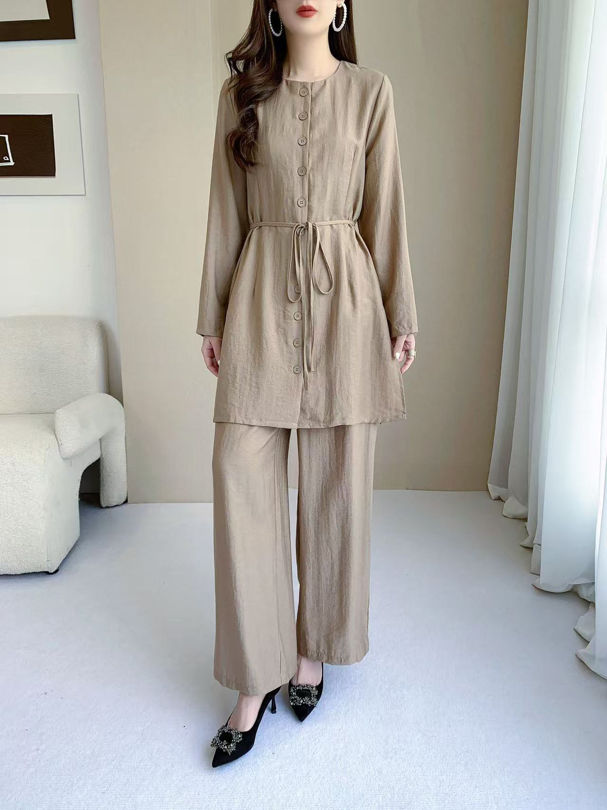 Button Front Long Sleeve Top & Wide Leg Pants Set (L-26805)