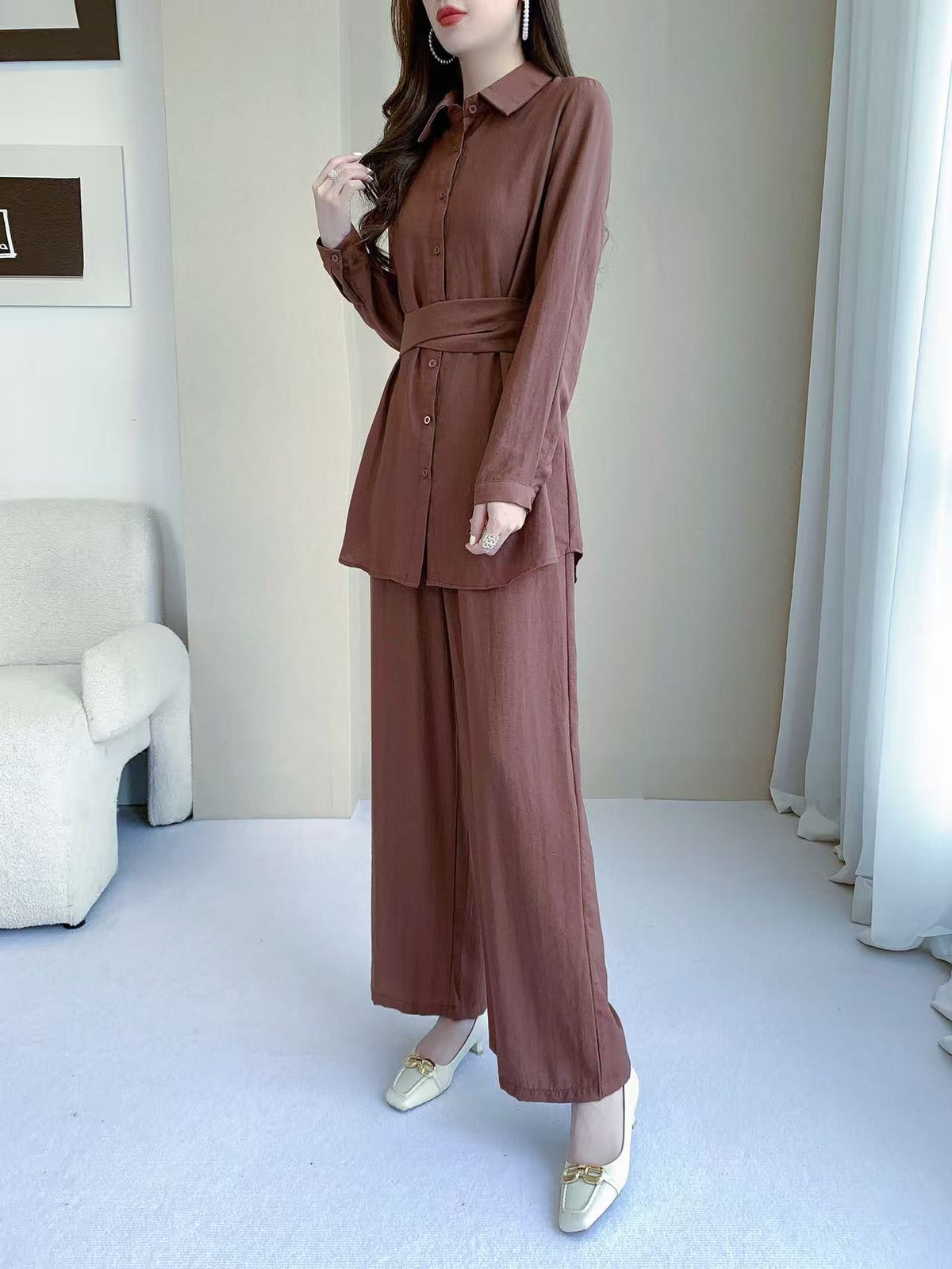 Collared Long Sleeve Two Piece Set (L-26808)