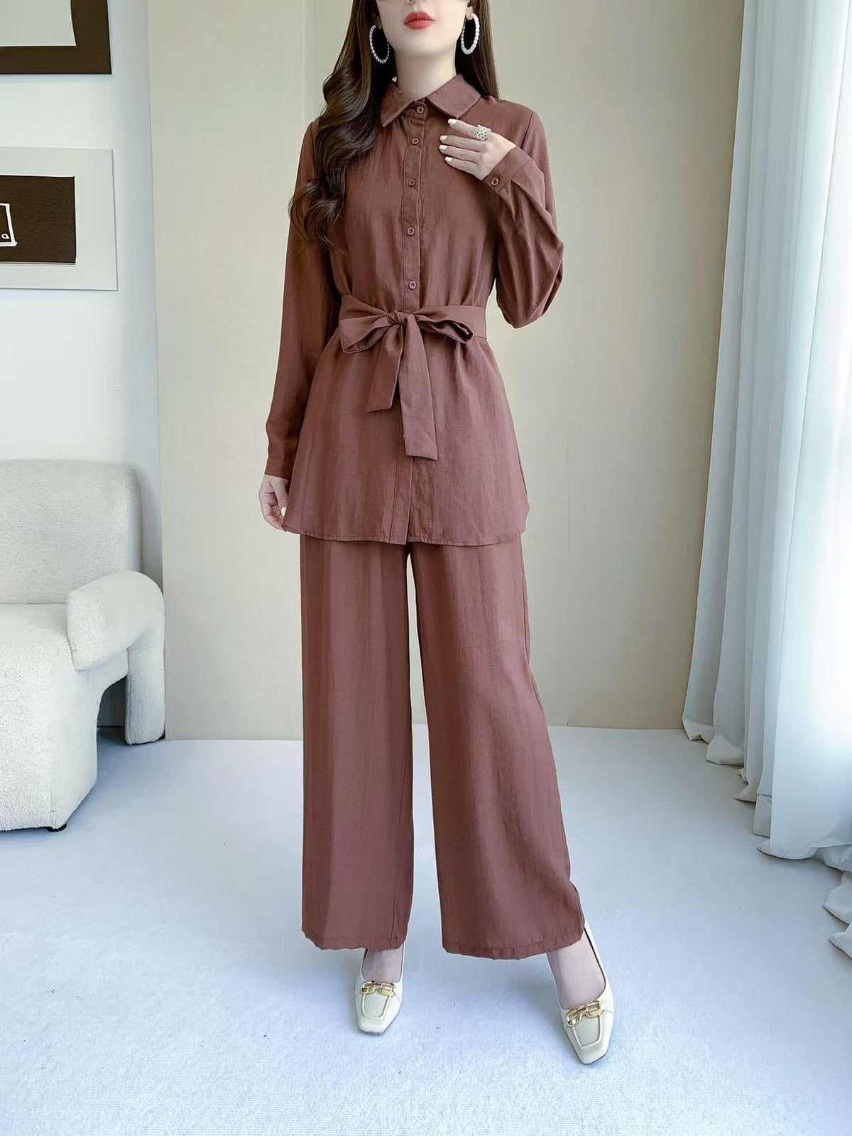 Collared Long Sleeve Two Piece Set (L-26808)