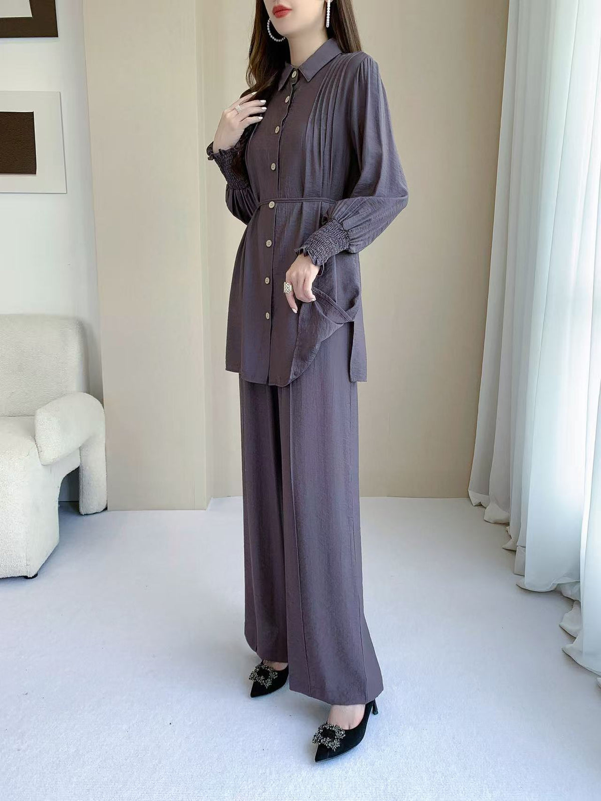 Vintage Collared Pants Set (L-26117)