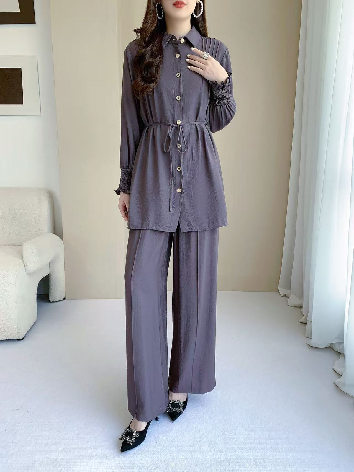 Vintage Collared Pants Set (L-26117)