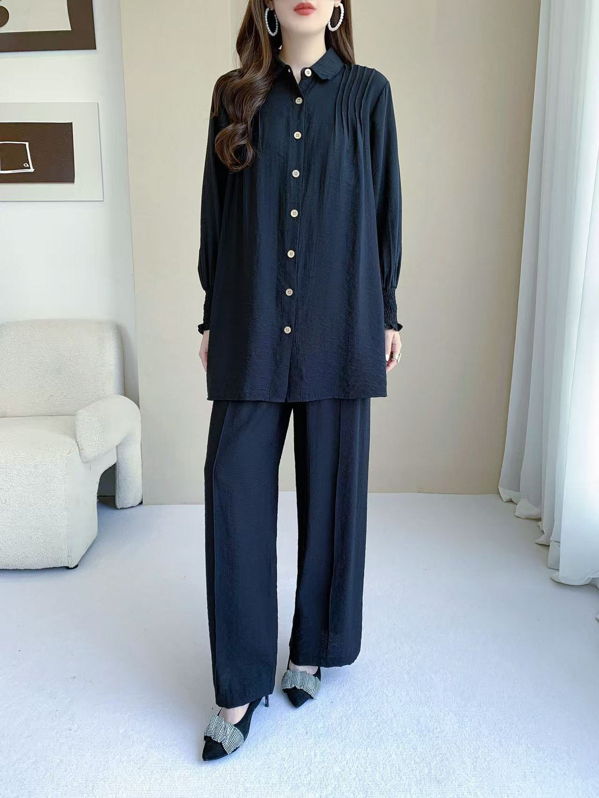 Vintage Collared Pants Set (L-26117)