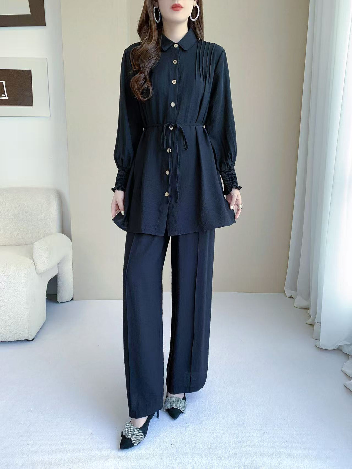 Vintage Collared Pants Set (L-26117)