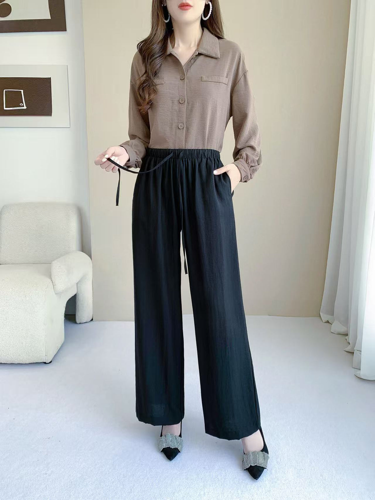 Wide Leg Drawstring Pants (L-25826)