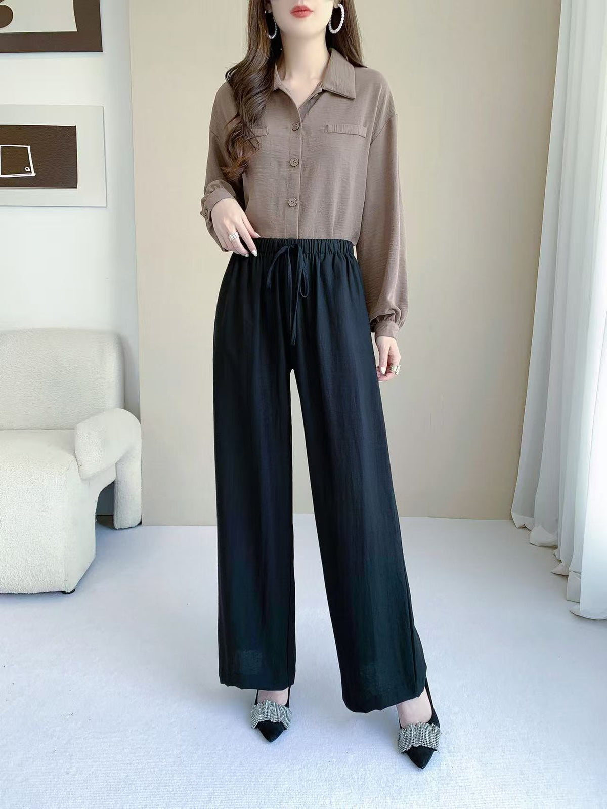 Wide Leg Drawstring Pants (L-25826)