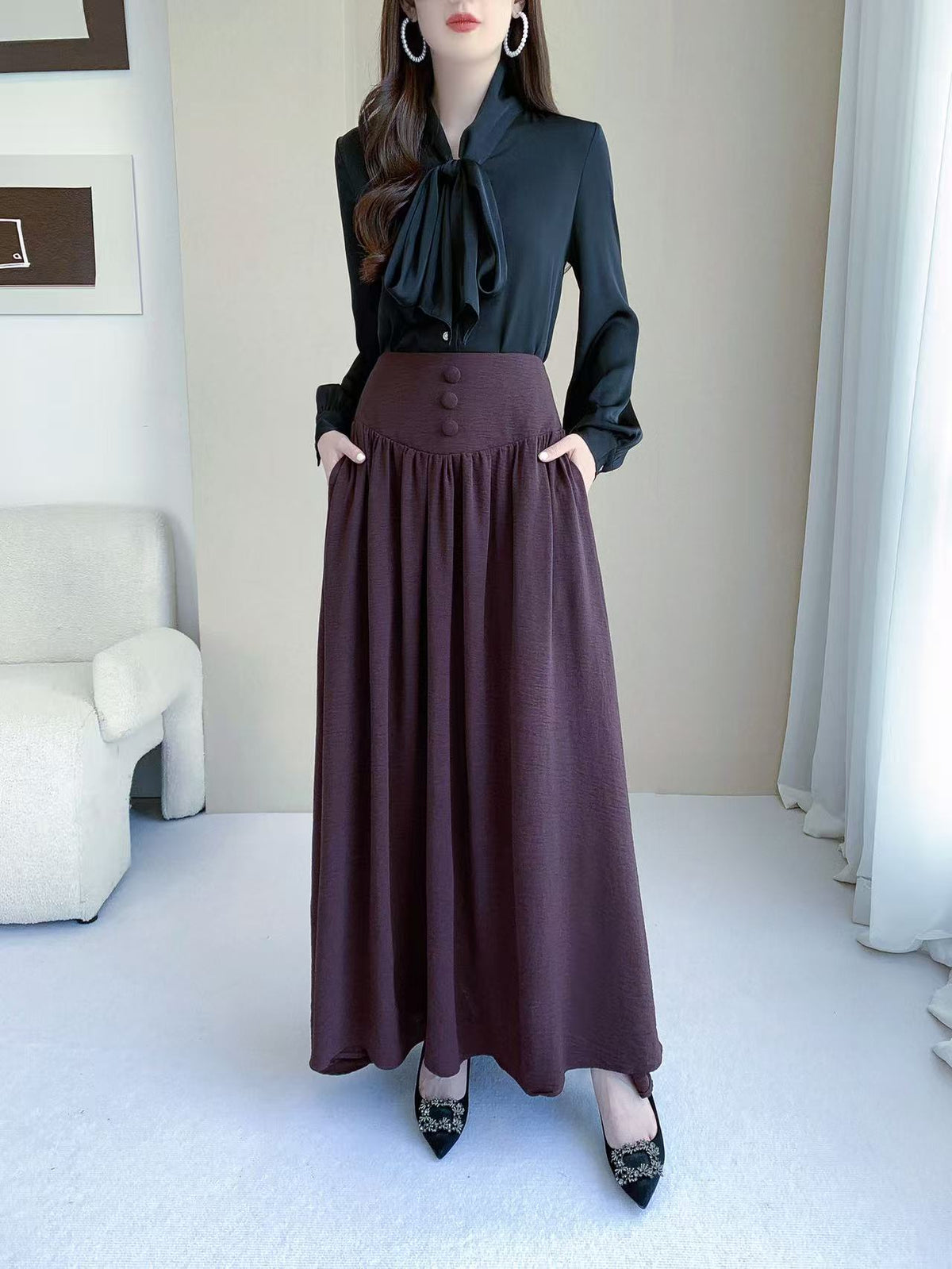 High Waisted Button Maxi Skirt (L-25212)