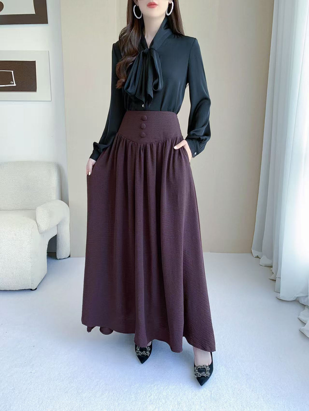High Waisted Button Maxi Skirt (L-25212)