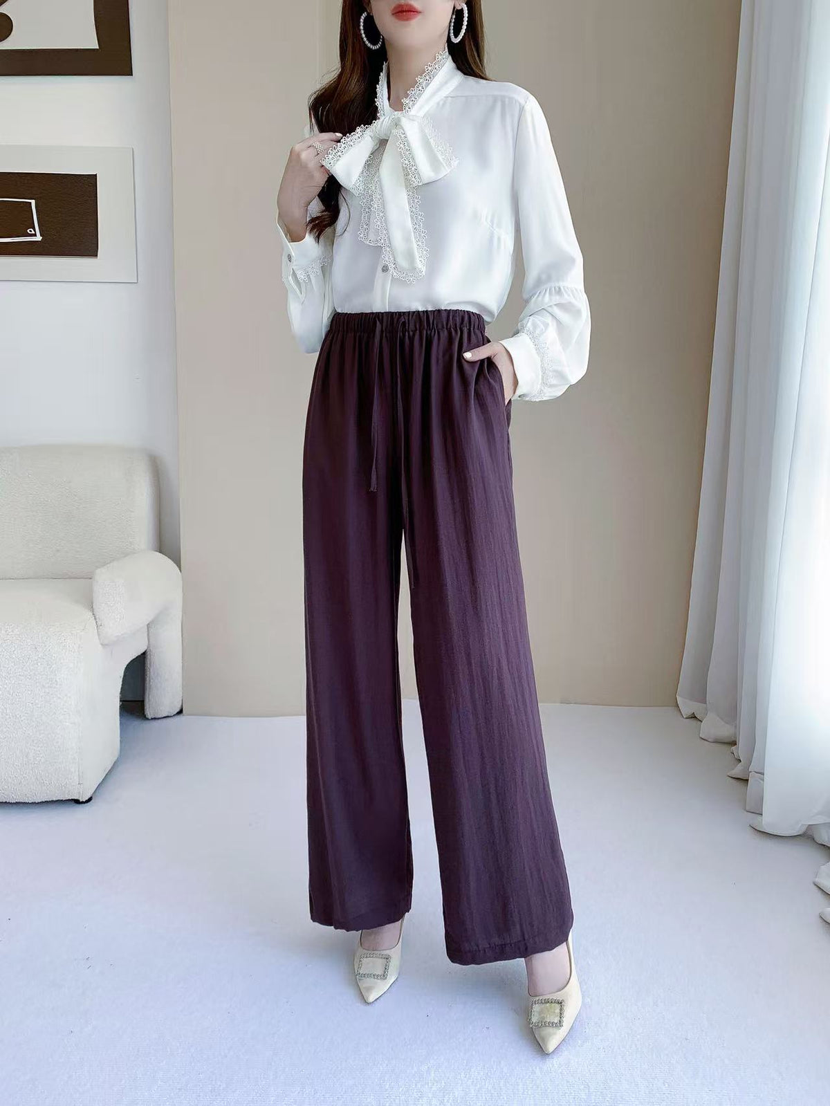 Wide Leg Drawstring Pants (L-25826)