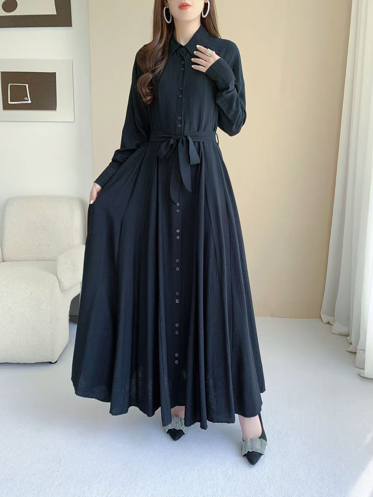 Ruffle Neck Long Sleeve Maxi Dress (L-24428-1)