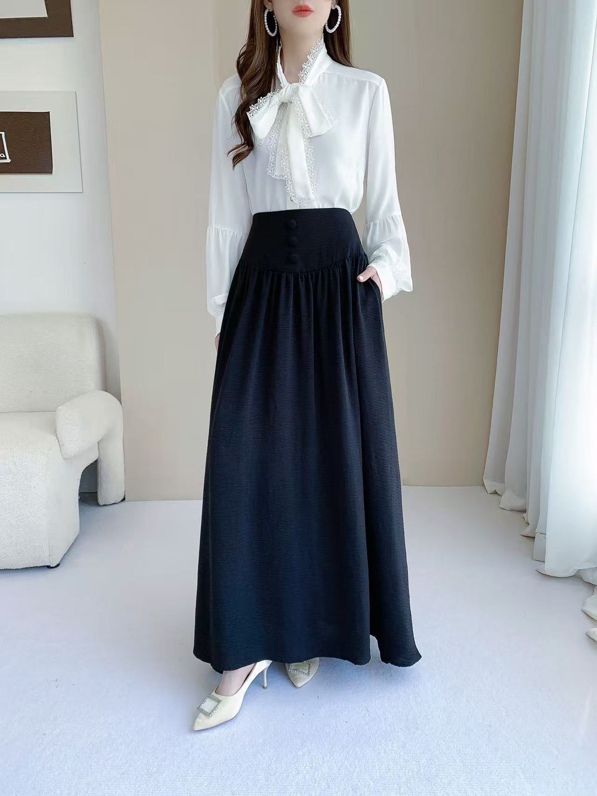 High Waisted Button Maxi Skirt (L-25212)