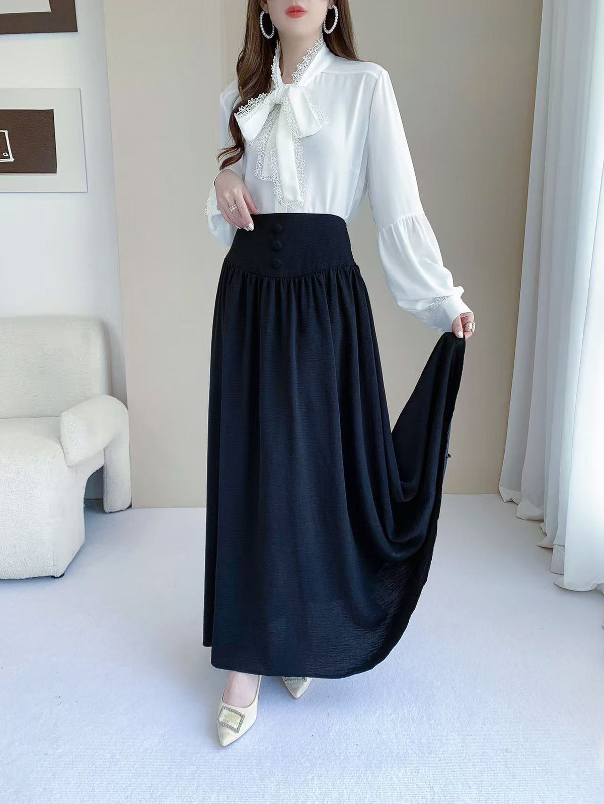 High Waisted Button Maxi Skirt (L-25212)